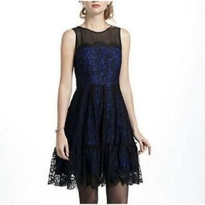 Anthropologie Moulinette Soeurs Fit & Flare Dress Size 8 Blue Black Lace Overlay
